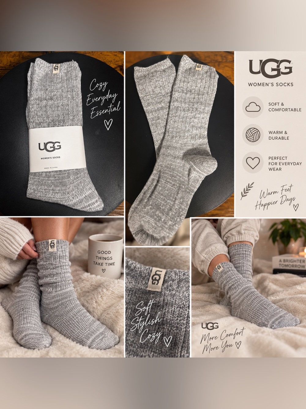 UGG Women's Heather Gray Ribbed Cozy Socks